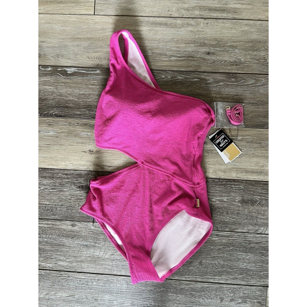 NEW Michael Kors Bright Pink Crinkle Textured Cut out Swimsuit Size 12 One Piece